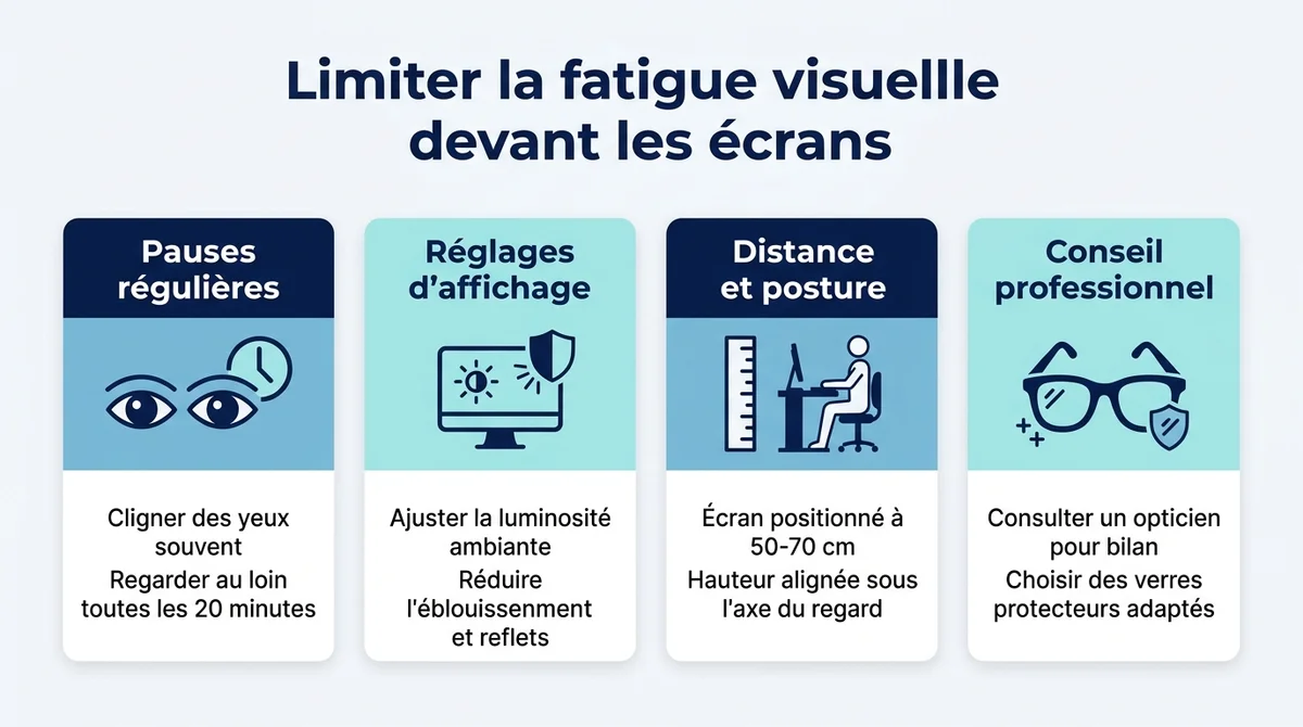 Infographie présentant 4 conseils essentiels pour réduire la fatigue visuelle et protéger ses yeux devant un écran au travail.