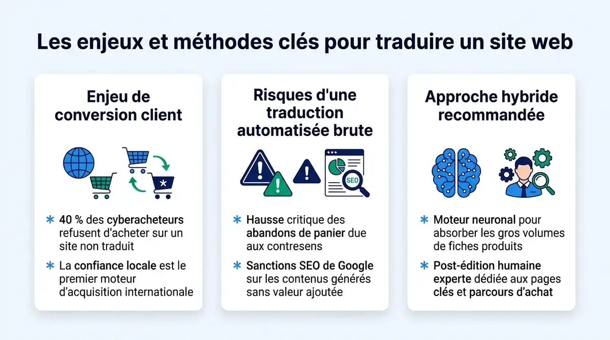 Infographie résumant les enjeux de la traduction de site web, les risques d'erreurs et les atouts du modèle hybride IA et humain.