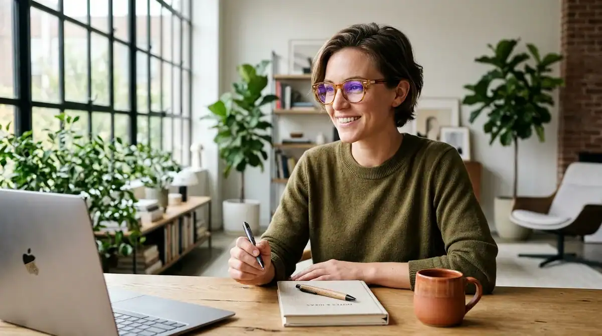 Professionnel élégant portant des lunettes anti-lumière bleue tendance dans un bureau lumineux