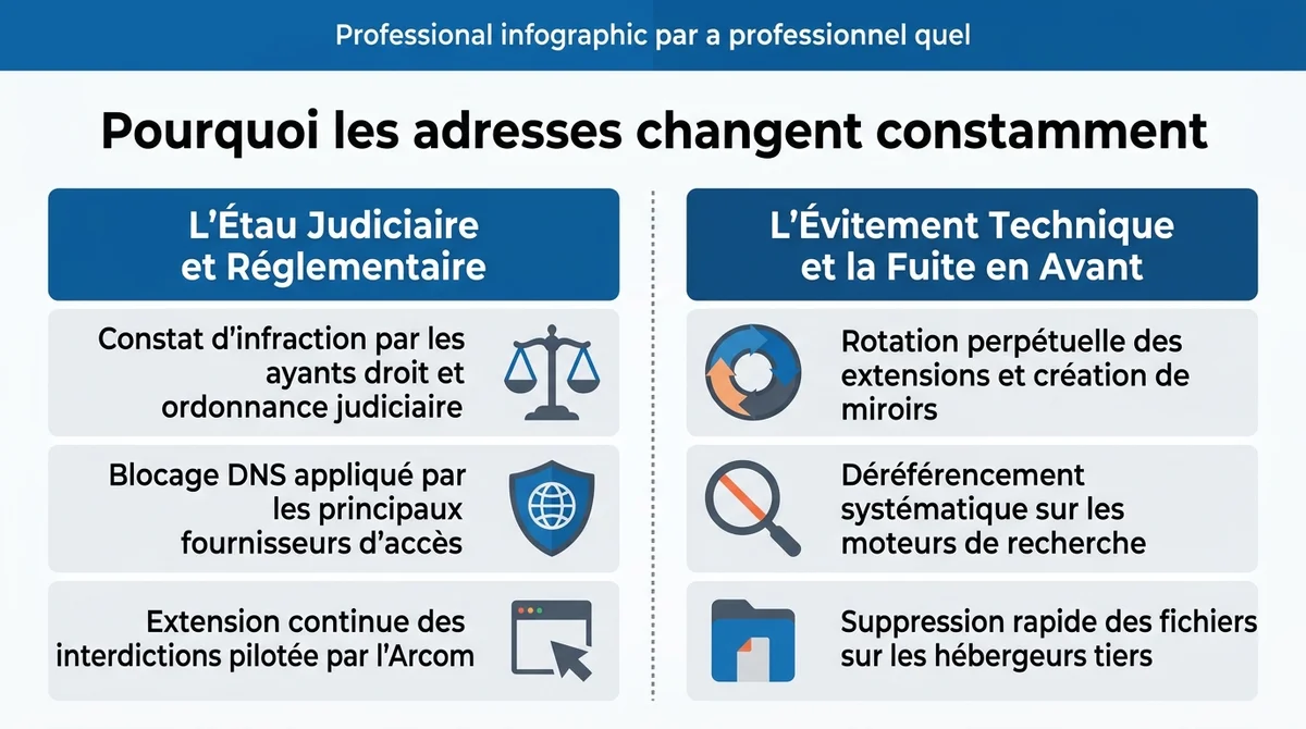Infographie expliquant le cycle de blocage DNS par l'Arcom et la rotation des noms de domaine illégaux.