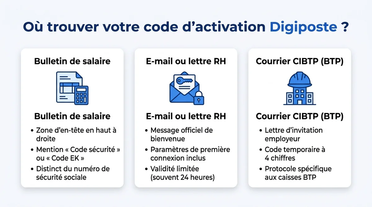 Infographie expliquant où trouver le code de sécurité Digiposte sur bulletin de paie, email RH ou courrier CIBTP.