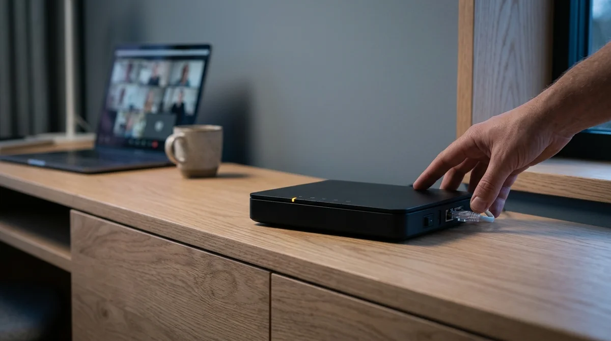 Routeur Wi-Fi moderne sur un meuble en bois dans un bureau, pour illustrer une panne de réseau.