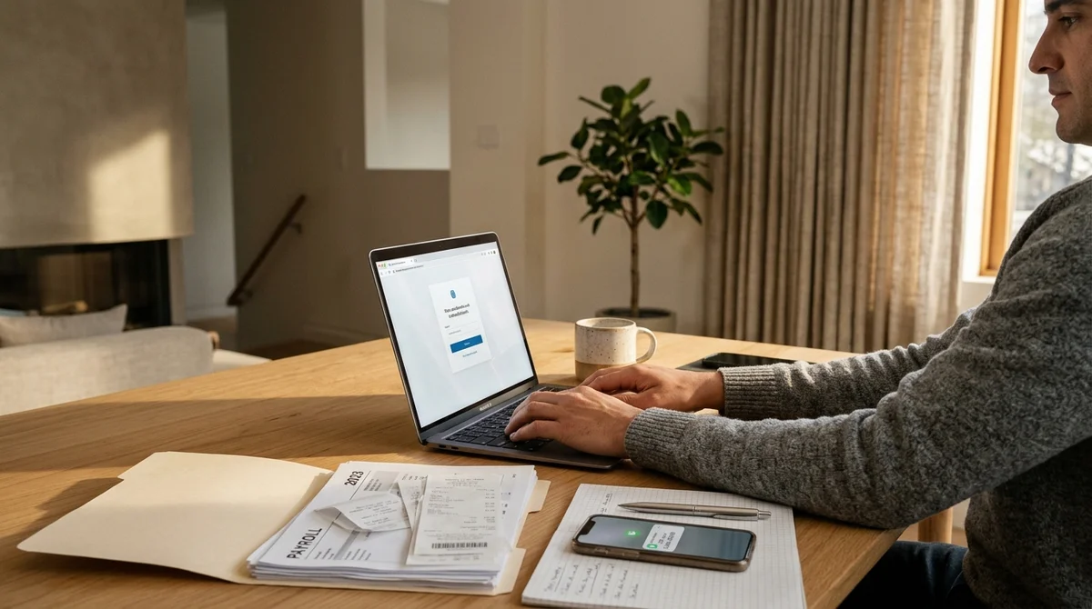 Homme résolvant un problème de connexion à Digiposte sur son ordinateur dans un bureau chaleureux
