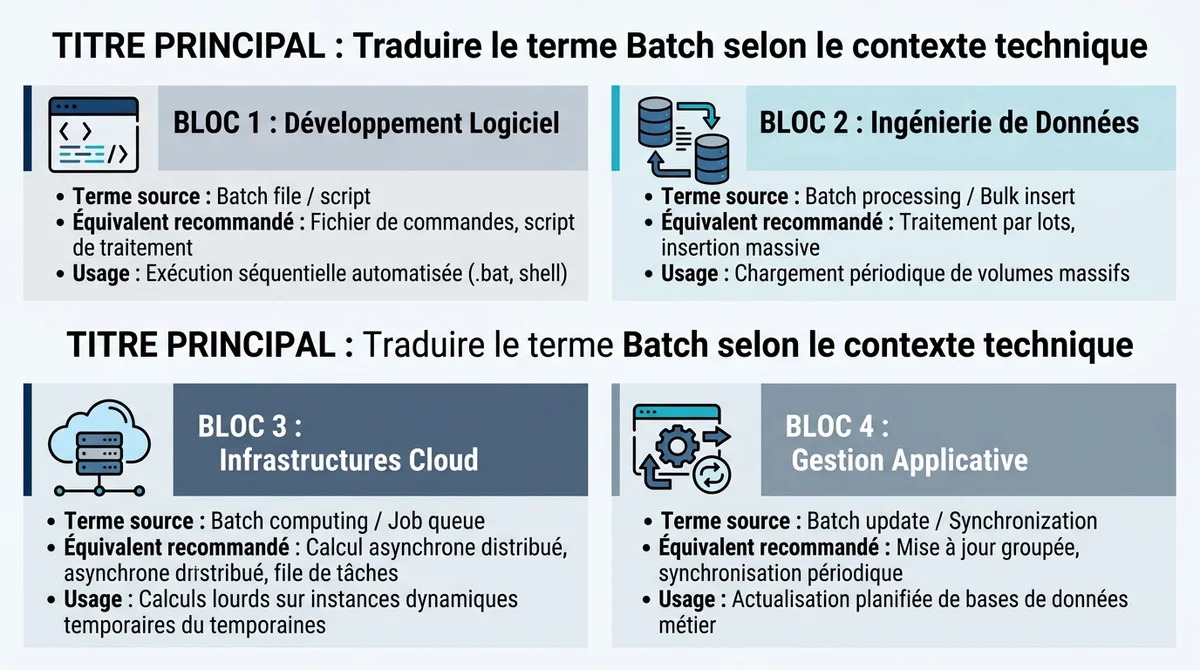 Tableau comparatif des équivalents français du terme batch en développement, data, cloud et gestion applicative.