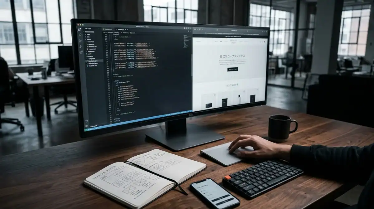 Bureau d'agence digitale avec double écran affichant le code et l'interface pour la traduction de site web SEO.